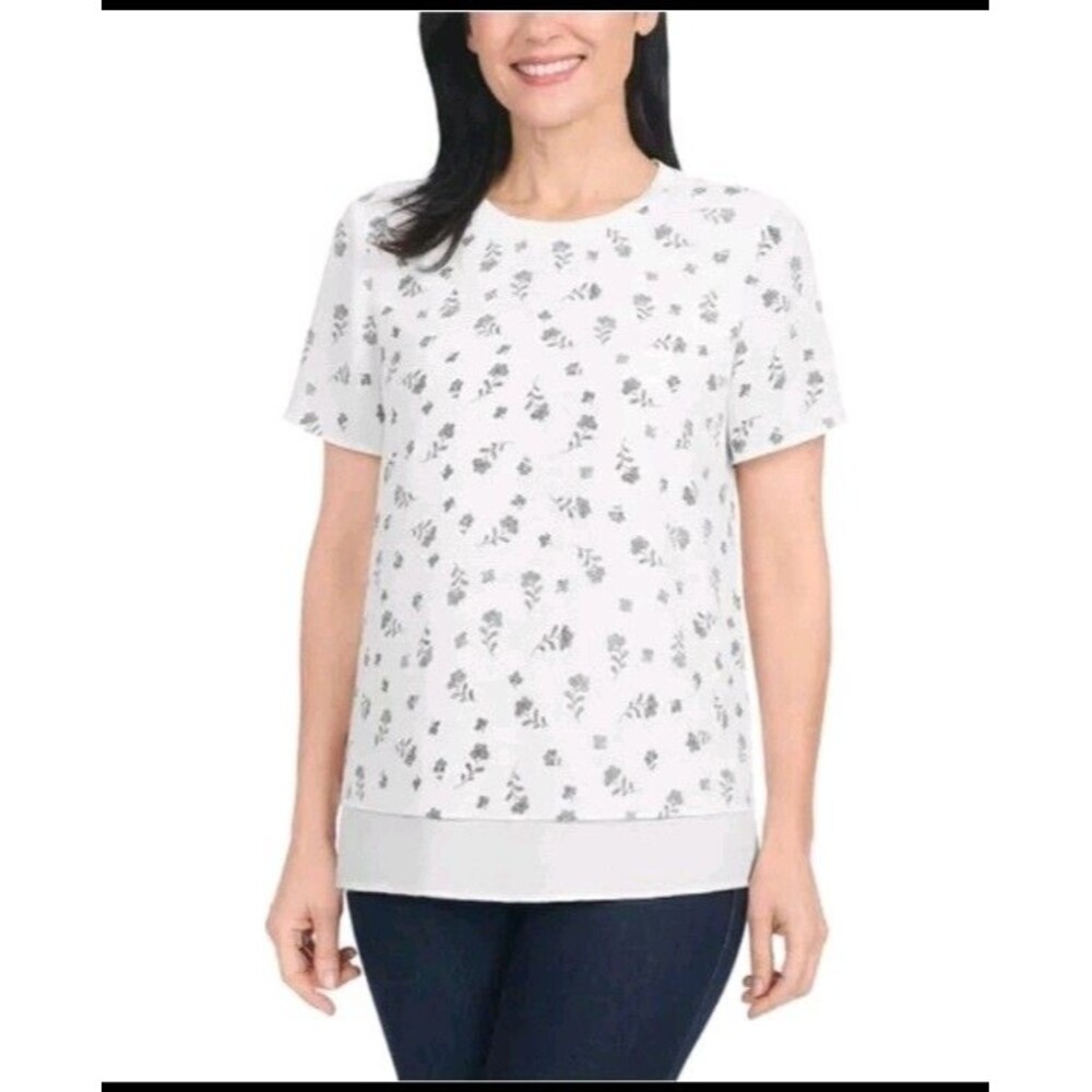 Hilary Radley Blouse Womens  Medium Black White Floral Layered  NWT  E2